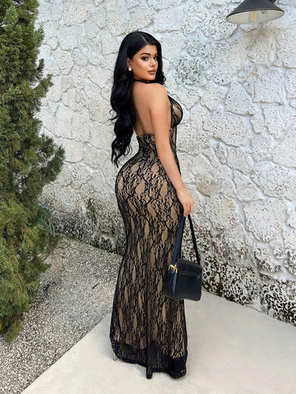 SXY Halter Neck Black Floral Lace Mermaid Hem Dress,Low Cut See Through 70s Elegant Party Dress For Wedding Guest,Formal Summer Club Night Dresses