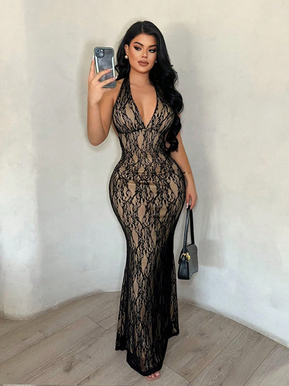 SXY Halter Neck Black Floral Lace Mermaid Hem Dress,Low Cut See Through 70s Elegant Party Dress For Wedding Guest,Formal Summer Club Night Dresses