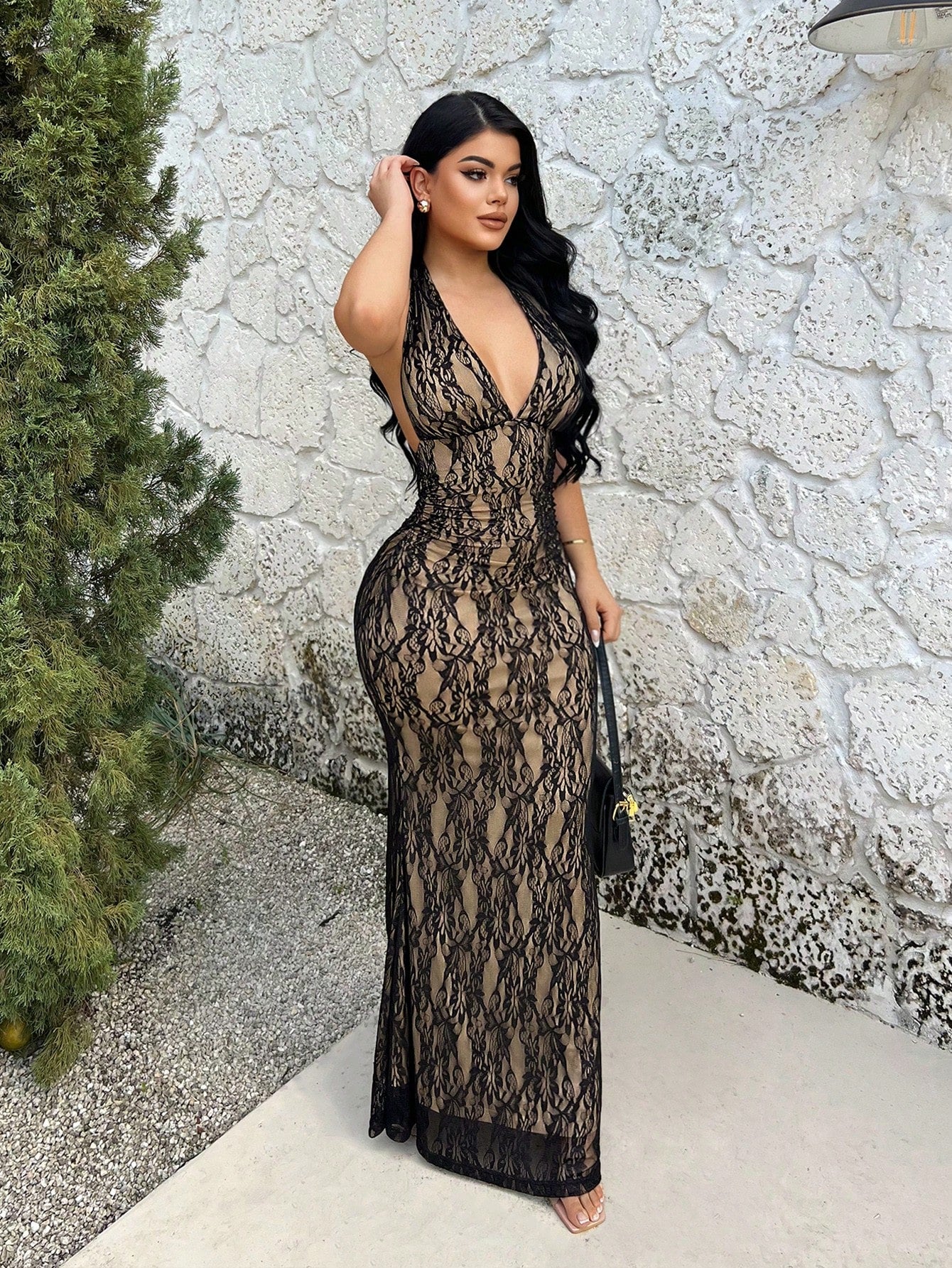 SXY Halter Neck Black Floral Lace Mermaid Hem Dress,Low Cut See Through 70s Elegant Party Dress For Wedding Guest,Formal Summer Club Night Dresses