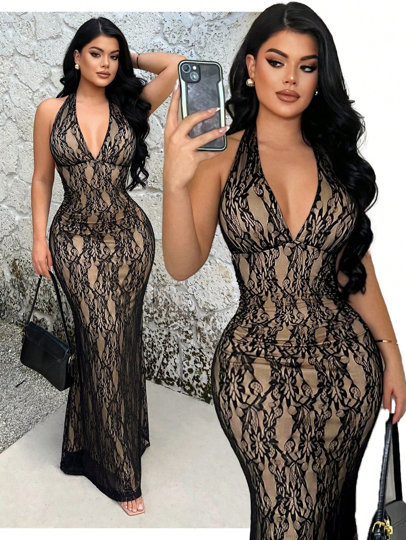 SXY Halter Neck Black Floral Lace Mermaid Hem Dress,Low Cut See Through 70s Elegant Party Dress For Wedding Guest,Formal Summer Club Night Dresses