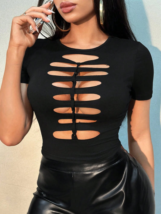 SXY Ladies' Summer Solid Color Sexy Cropped Slim Fit Hollow-Out Braided Crop Sleeve T-Shirt Grunge Punk Y2k Concert Outfits