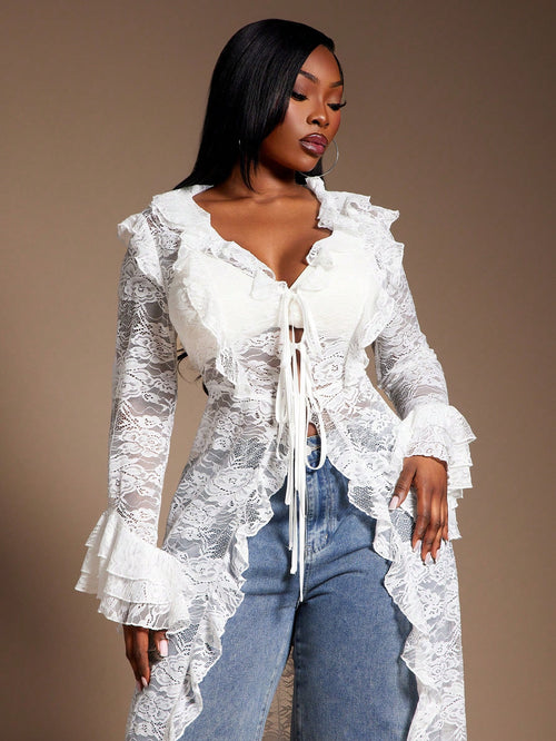 SXY Plus Size Women's White Sheer Lace Kimono,Elegant Summer Silky Blouse With Ruffle Trim,Fashionable Night Out Club Wear,Vintage Layering Cover Up Fall