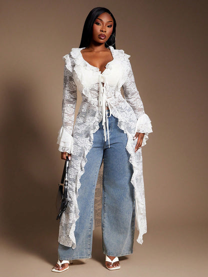 SXY Plus Size Women's White Sheer Lace Kimono,Elegant Summer Silky Blouse With Ruffle Trim,Fashionable Night Out Club Wear,Vintage Layering Cover Up Fall