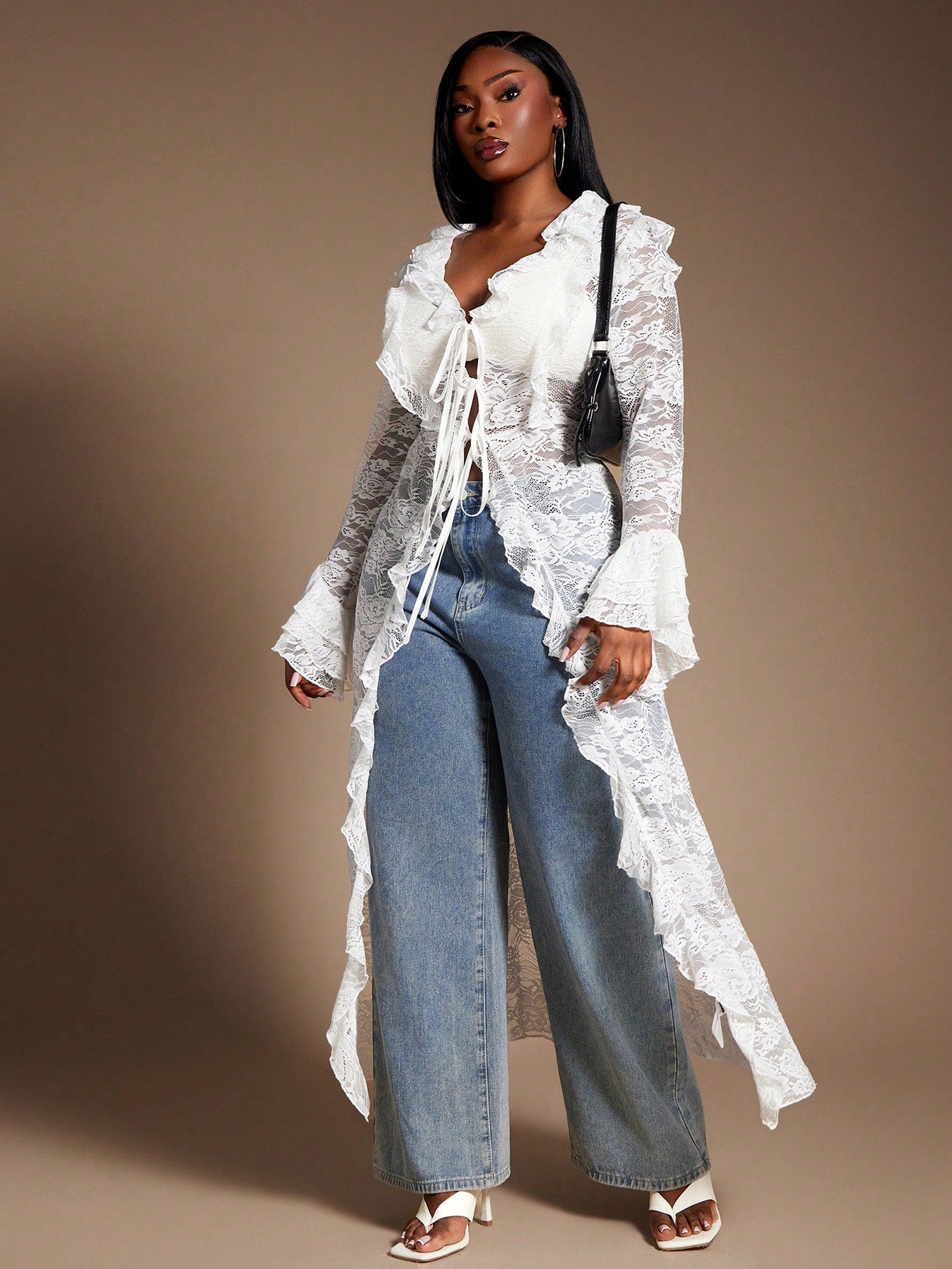 SXY Plus Size Women's White Sheer Lace Kimono,Elegant Summer Silky Blouse With Ruffle Trim,Fashionable Night Out Club Wear,Vintage Layering Cover Up Fall
