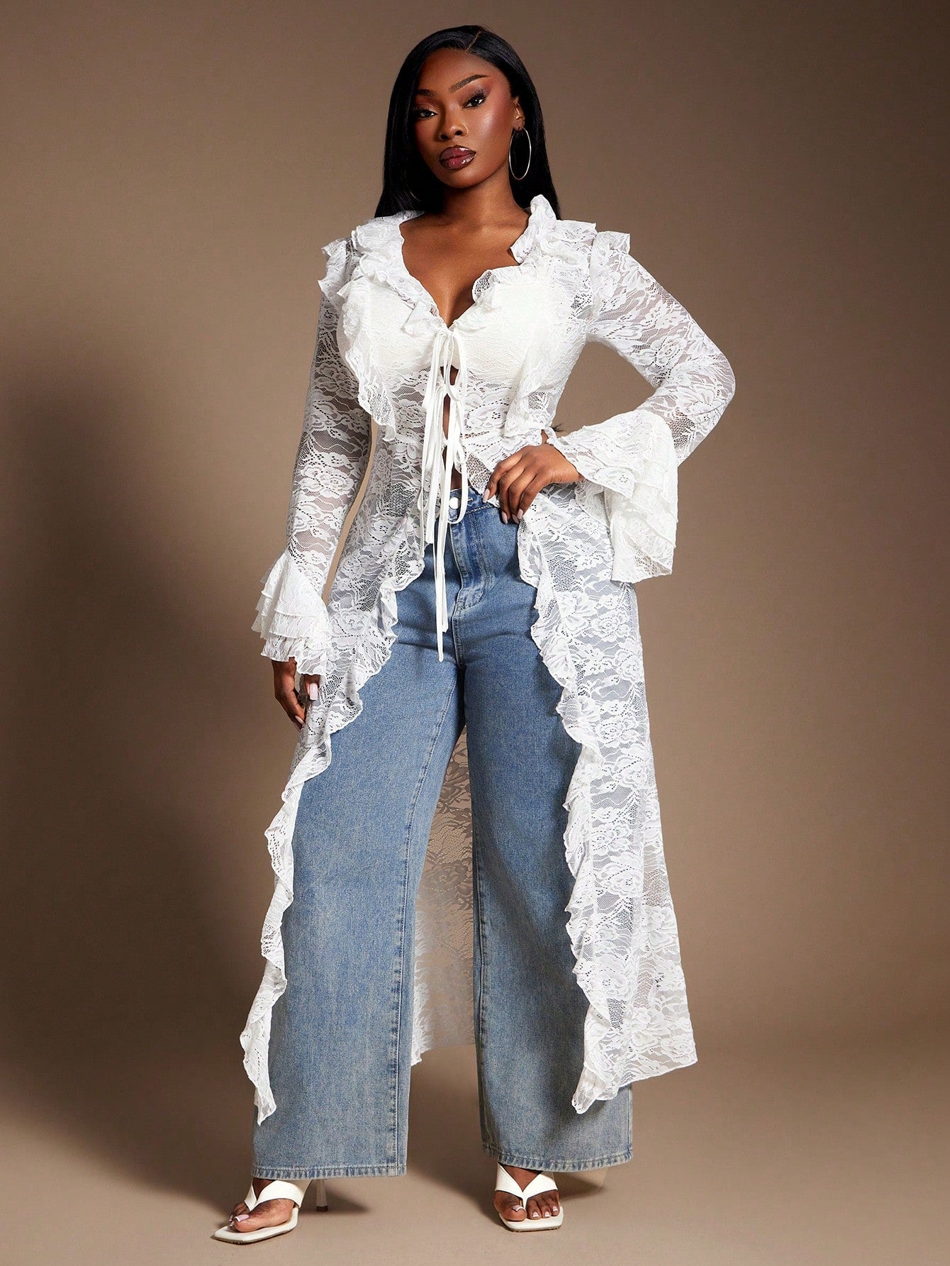 SXY Plus Size Women's White Sheer Lace Kimono,Elegant Summer Silky Blouse With Ruffle Trim,Fashionable Night Out Club Wear,Vintage Layering Cover Up Fall