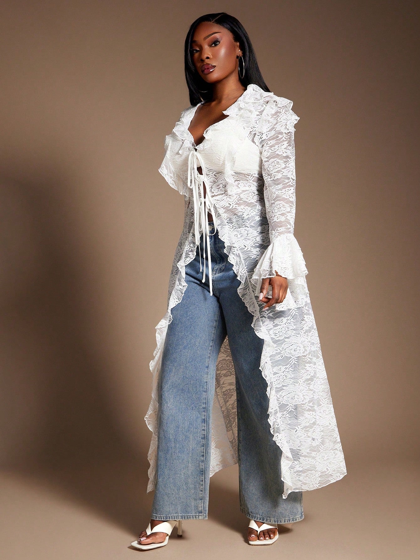 SXY Plus Size Women's White Sheer Lace Kimono,Elegant Summer Silky Blouse With Ruffle Trim,Fashionable Night Out Club Wear,Vintage Layering Cover Up Fall