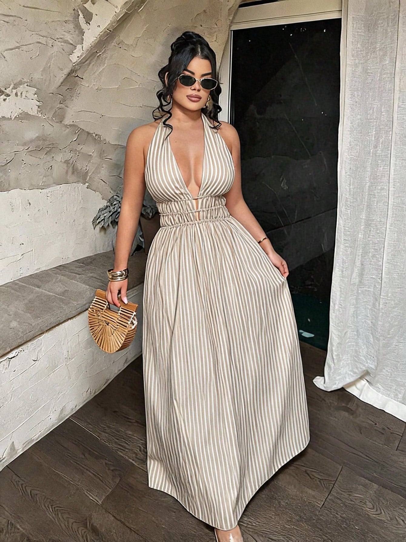 SXY Women's Vacation Casual Striped Backless Halter Neck Dress,Sexy, Beach Dress,Going Out Dress,Vacation Outfits Women,Summer