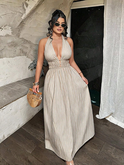 SXY Women's Vacation Casual Striped Backless Halter Neck Dress,Sexy, Beach Dress,Going Out Dress,Vacation Outfits Women,Summer