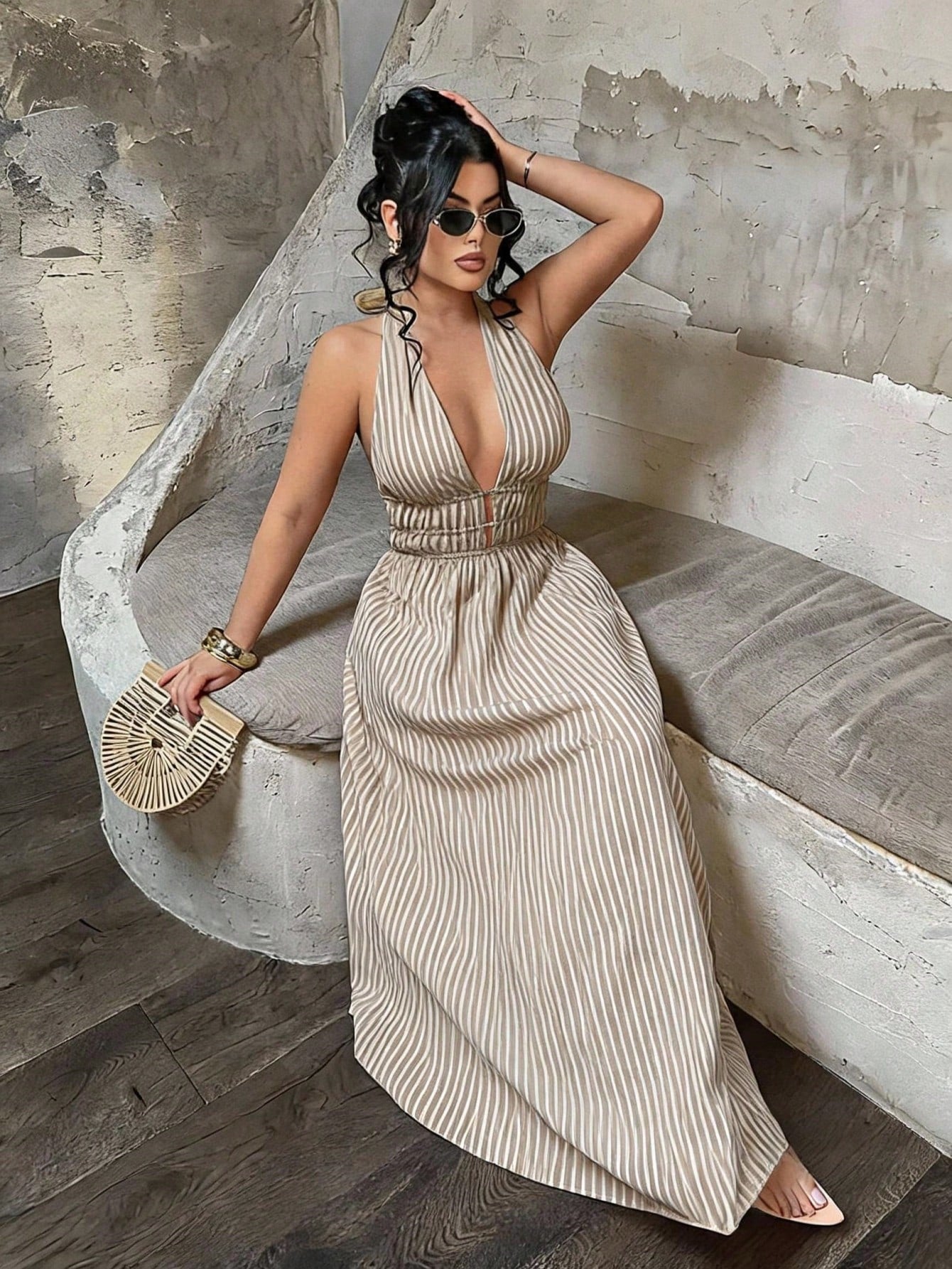 SXY Women's Vacation Casual Striped Backless Halter Neck Dress,Sexy, Beach Dress,Going Out Dress,Vacation Outfits Women,Summer
