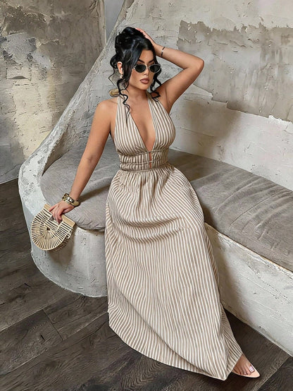 SXY Women's Vacation Casual Striped Backless Halter Neck Dress,Sexy, Beach Dress,Going Out Dress,Vacation Outfits Women,Summer