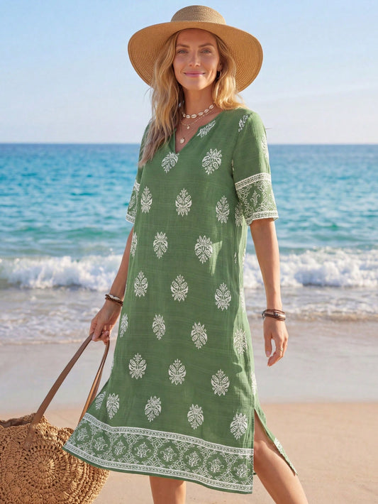 Sylviya Women's Vacation Casual Full Print Mid-Length Dress Green Summer Dress Women Short Sleeve Summer Dress Women Vacation Dress,Vacation
