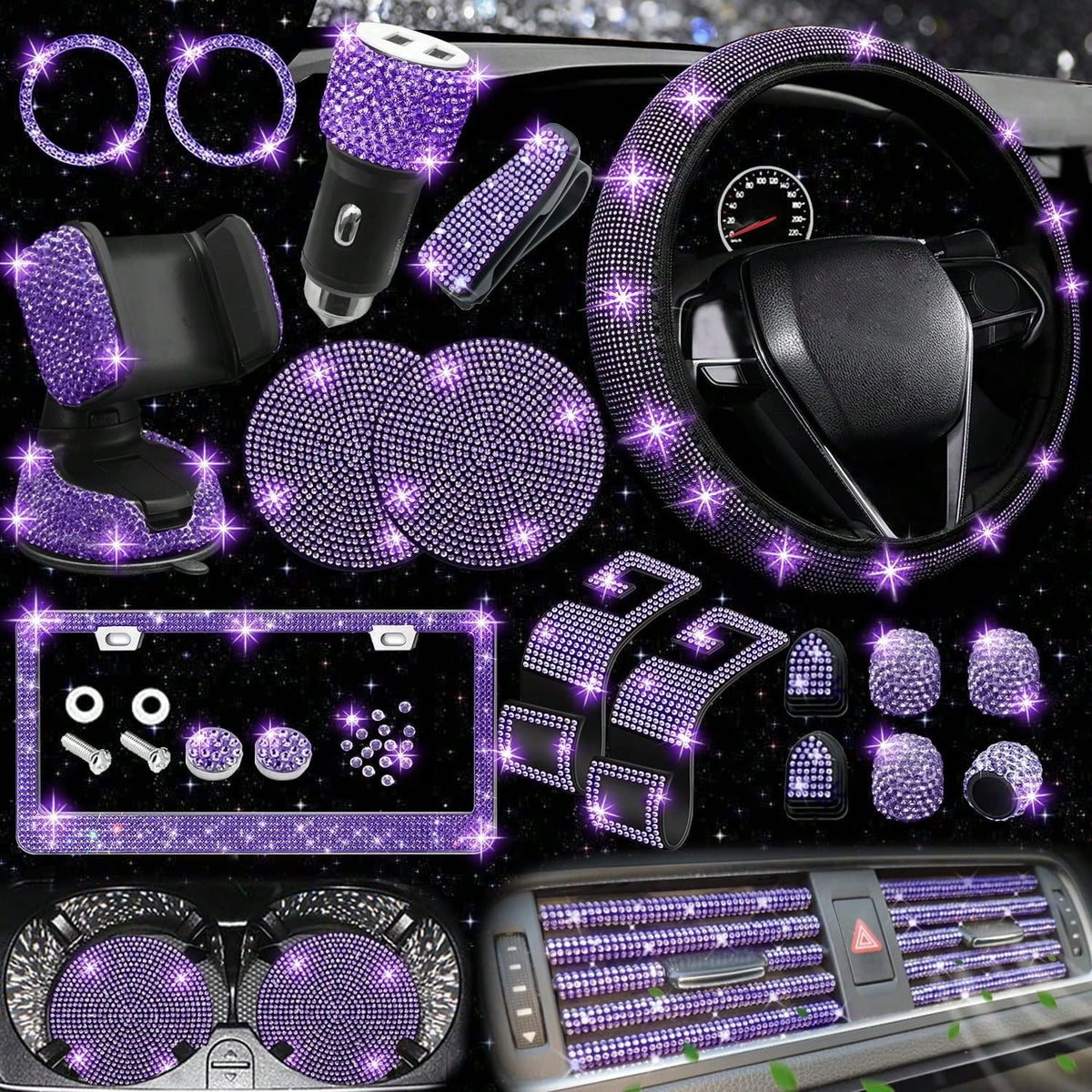 TAIMASI 27-Piece Bling Car Accessories Set- Universal Fit Steering Wheel Covers, License Plate Frames, Phone Holder, Car Fast Charger, Coasters