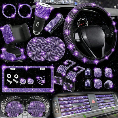 TAIMASI 27-Piece Bling Car Accessories Set- Universal Fit Steering Wheel Covers, License Plate Frames, Phone Holder, Car Fast Charger, Coasters