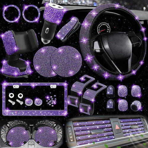 TAIMASI 27-Piece Bling Car Accessories Set- Universal Fit Steering Wheel Covers, License Plate Frames, Phone Holder, Car Fast Charger, Coasters