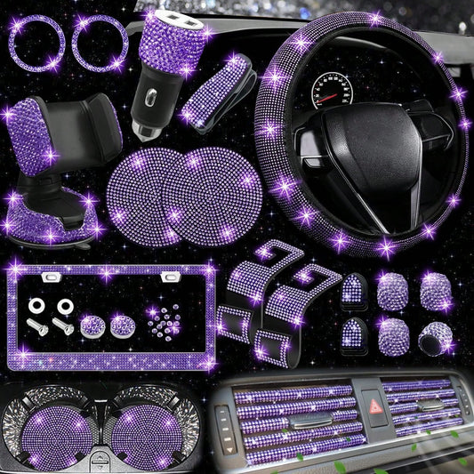 TAIMASI 27-Piece Bling Car Accessories Set- Universal Fit Steering Wheel Covers, License Plate Frames, Phone Holder, Car Fast Charger, Coasters