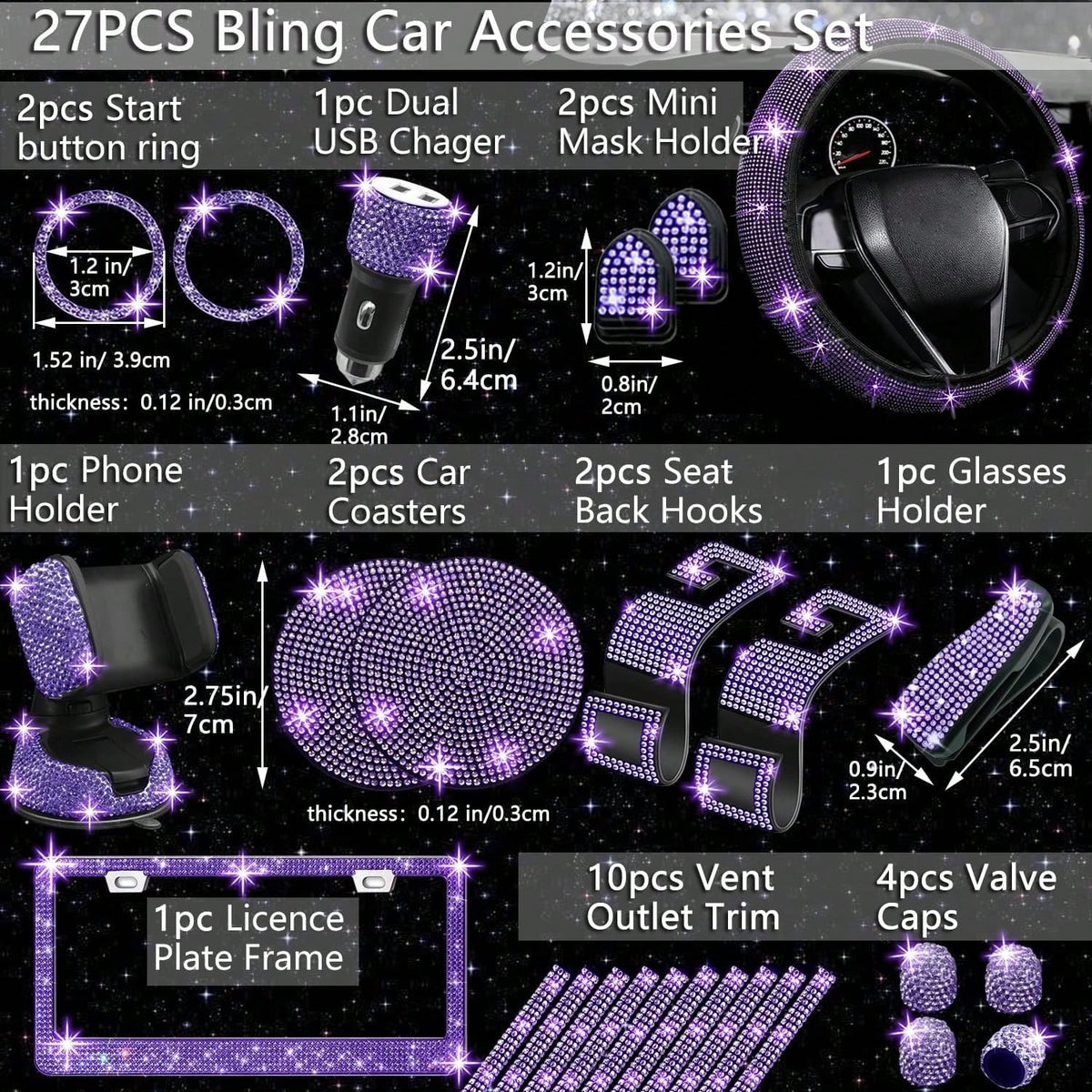 TAIMASI 27-Piece Bling Car Accessories Set- Universal Fit Steering Wheel Covers, License Plate Frames, Phone Holder, Car Fast Charger, Coasters