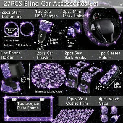 TAIMASI 27-Piece Bling Car Accessories Set- Universal Fit Steering Wheel Covers, License Plate Frames, Phone Holder, Car Fast Charger, Coasters
