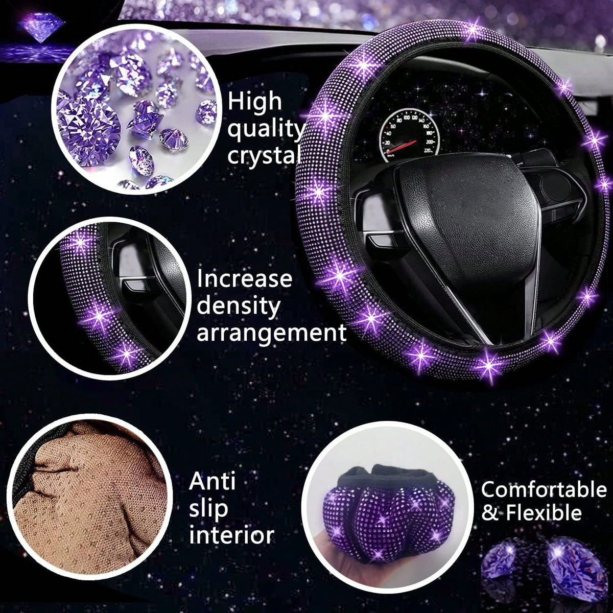 TAIMASI 27-Piece Bling Car Accessories Set- Universal Fit Steering Wheel Covers, License Plate Frames, Phone Holder, Car Fast Charger, Coasters