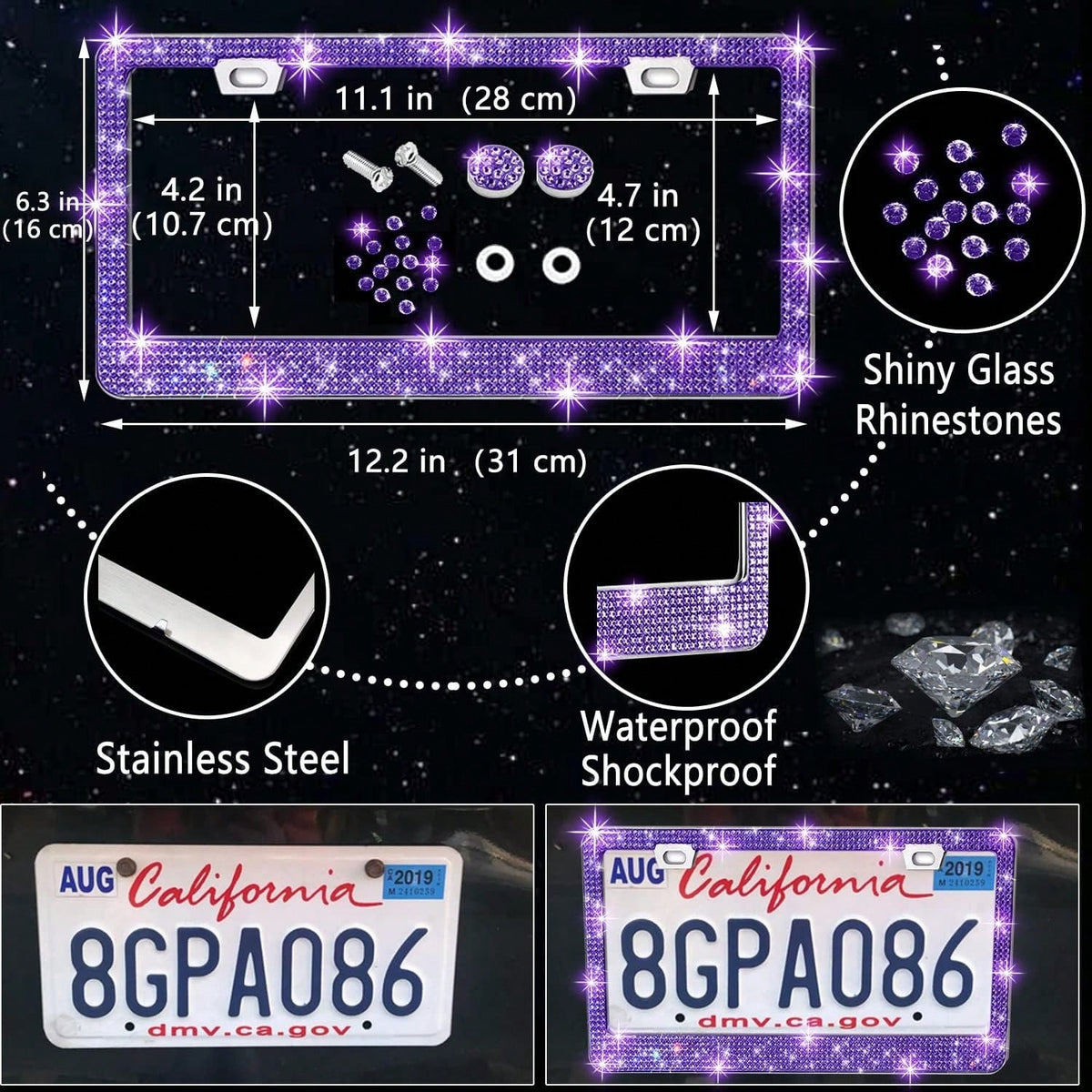 TAIMASI 27-Piece Bling Car Accessories Set- Universal Fit Steering Wheel Covers, License Plate Frames, Phone Holder, Car Fast Charger, Coasters