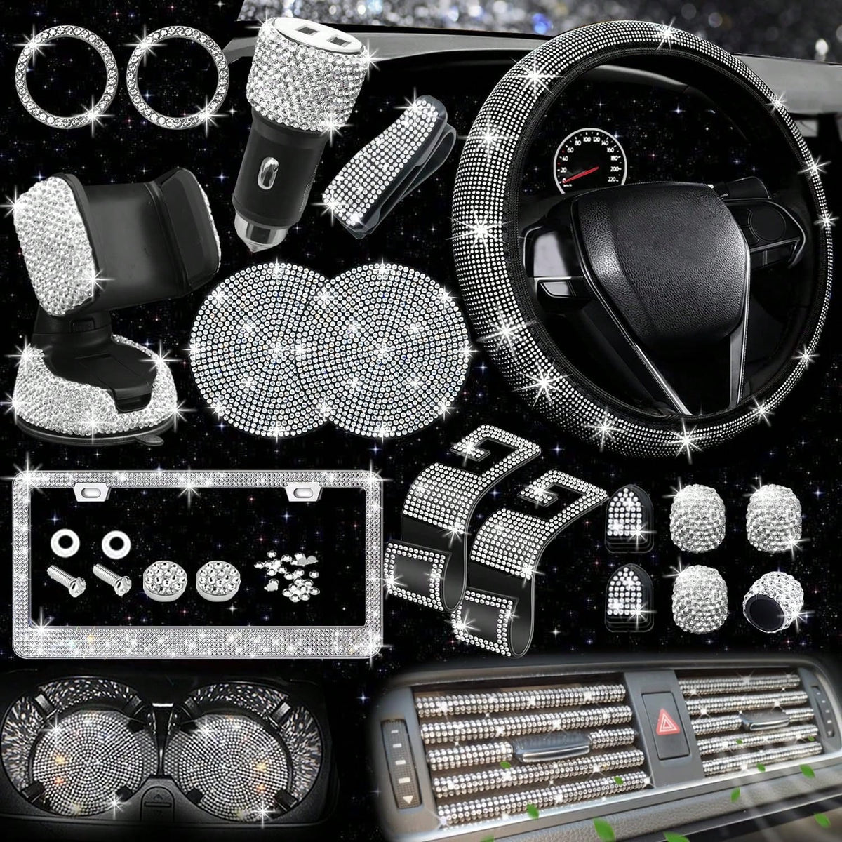 TAIMASI 27-Piece Bling Car Accessories Set- Universal Fit Steering Wheel Covers, License Plate Frames, Phone Holder, Car Fast Charger, Coasters