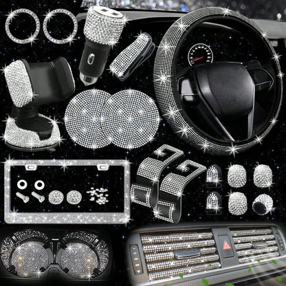 TAIMASI 27-Piece Bling Car Accessories Set- Universal Fit Steering Wheel Covers, License Plate Frames, Phone Holder, Car Fast Charger, Coasters