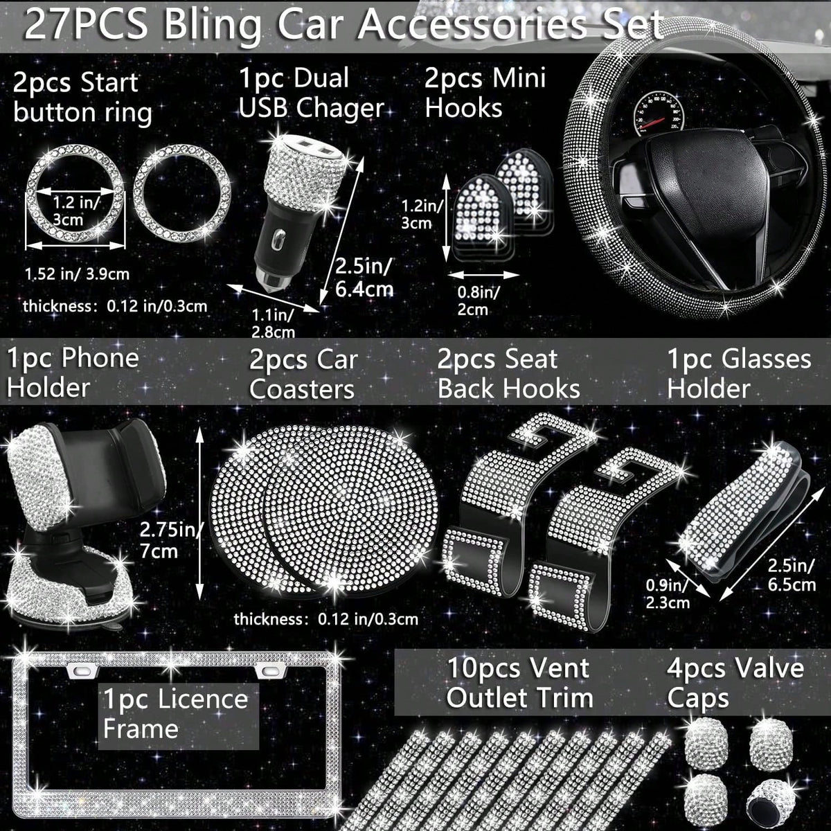 TAIMASI 27-Piece Bling Car Accessories Set- Universal Fit Steering Wheel Covers, License Plate Frames, Phone Holder, Car Fast Charger, Coasters
