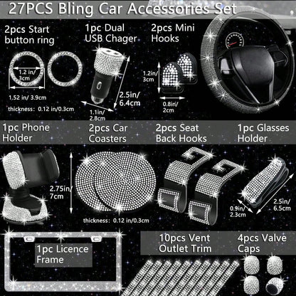 TAIMASI 27-Piece Bling Car Accessories Set- Universal Fit Steering Wheel Covers, License Plate Frames, Phone Holder, Car Fast Charger, Coasters