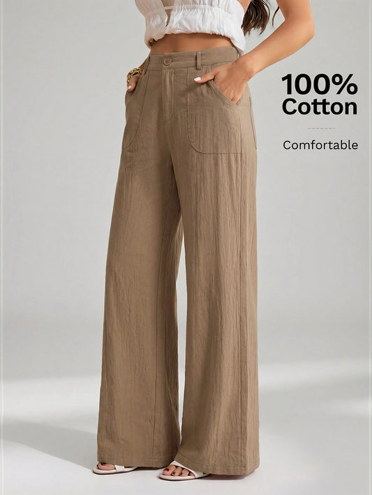 Tall 100 Washed Cotton Low Waist Straight Pants Vacation Khaki Autumn Casual