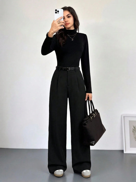 Tall Women Black Winter Elegant Office Trousers,High Waisted Wide Leg Pants With Pockets,Business Professional Loose Baggy Bottoms For Autumn/Winter, Tall Women