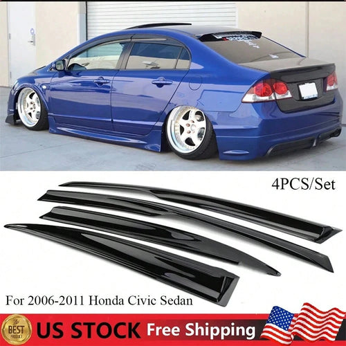 Tape On Window Visor Compatible With 2006-2011 H-Onda Civic Sedan Only, Slim Style Acrylic Smoke Tinted Sun Rain Wind Guards Shield Vent Wind Deflector