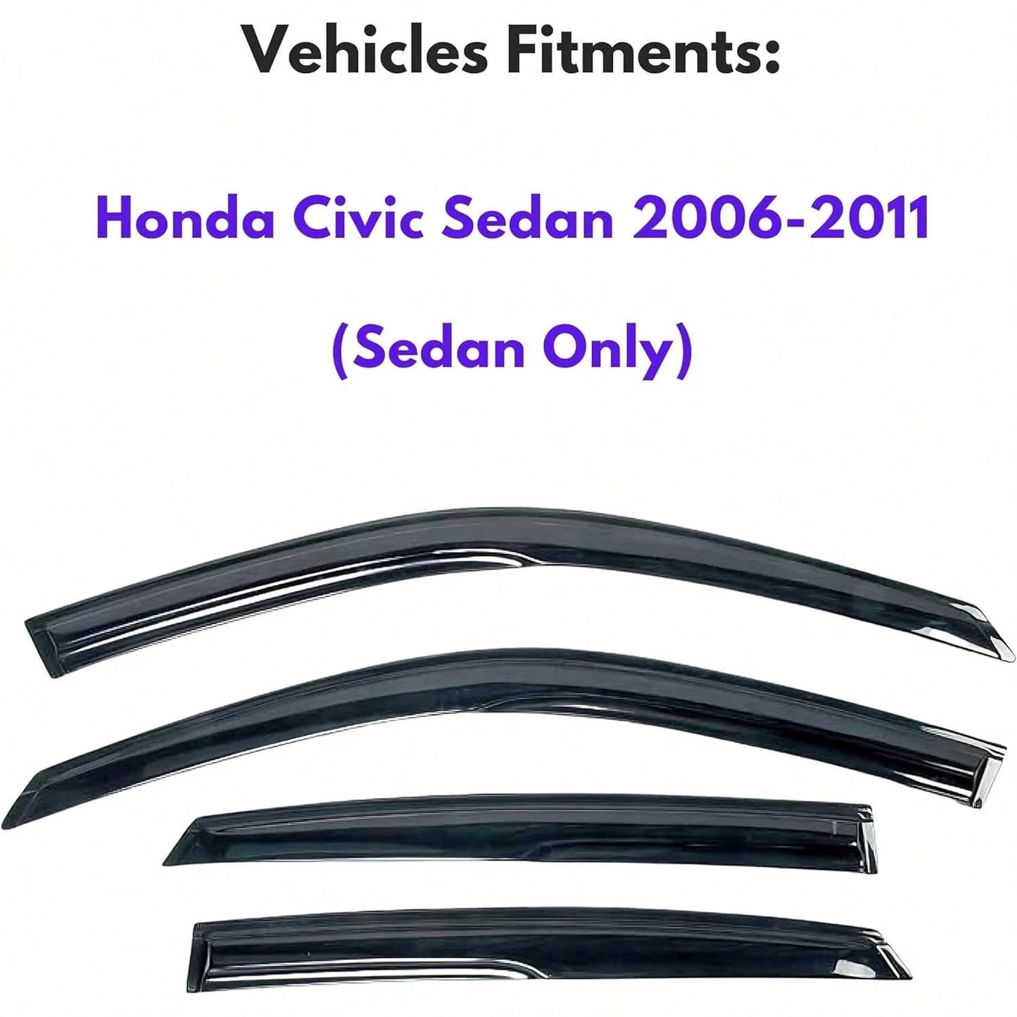 Tape On Window Visor Compatible With 2006-2011 H-Onda Civic Sedan Only, Slim Style Acrylic Smoke Tinted Sun Rain Wind Guards Shield Vent Wind Deflector