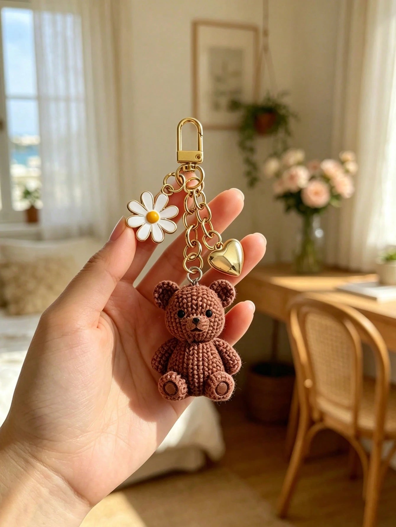 Teddy Bear Keychain Pendant With Daisy And Heart Design, Y2K Style Bag Charm And Car Accessory, Lightweight And Durable Keychain, Suitable For Daily Use, Multi-Functional Bag Decor, Rearview Mirror Ha