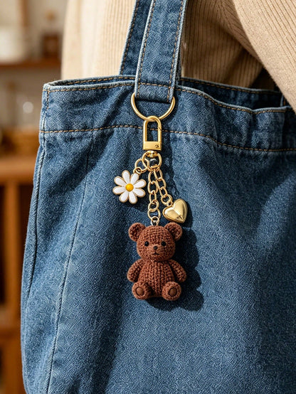 Teddy Bear Keychain Pendant With Daisy And Heart Design, Y2K Style Bag Charm And Car Accessory, Lightweight And Durable Keychain, Suitable For Daily Use, Multi-Functional Bag Decor, Rearview Mirror Ha