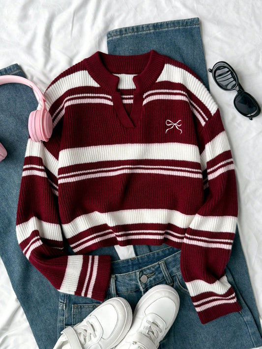 Teenage Girls' V-Neck Striped Knit Pullover Sweater, Casual Contrast Color Varsity Sweaters Cropped Sweater Preppy Sweater Striped Sweater Bow Sweater