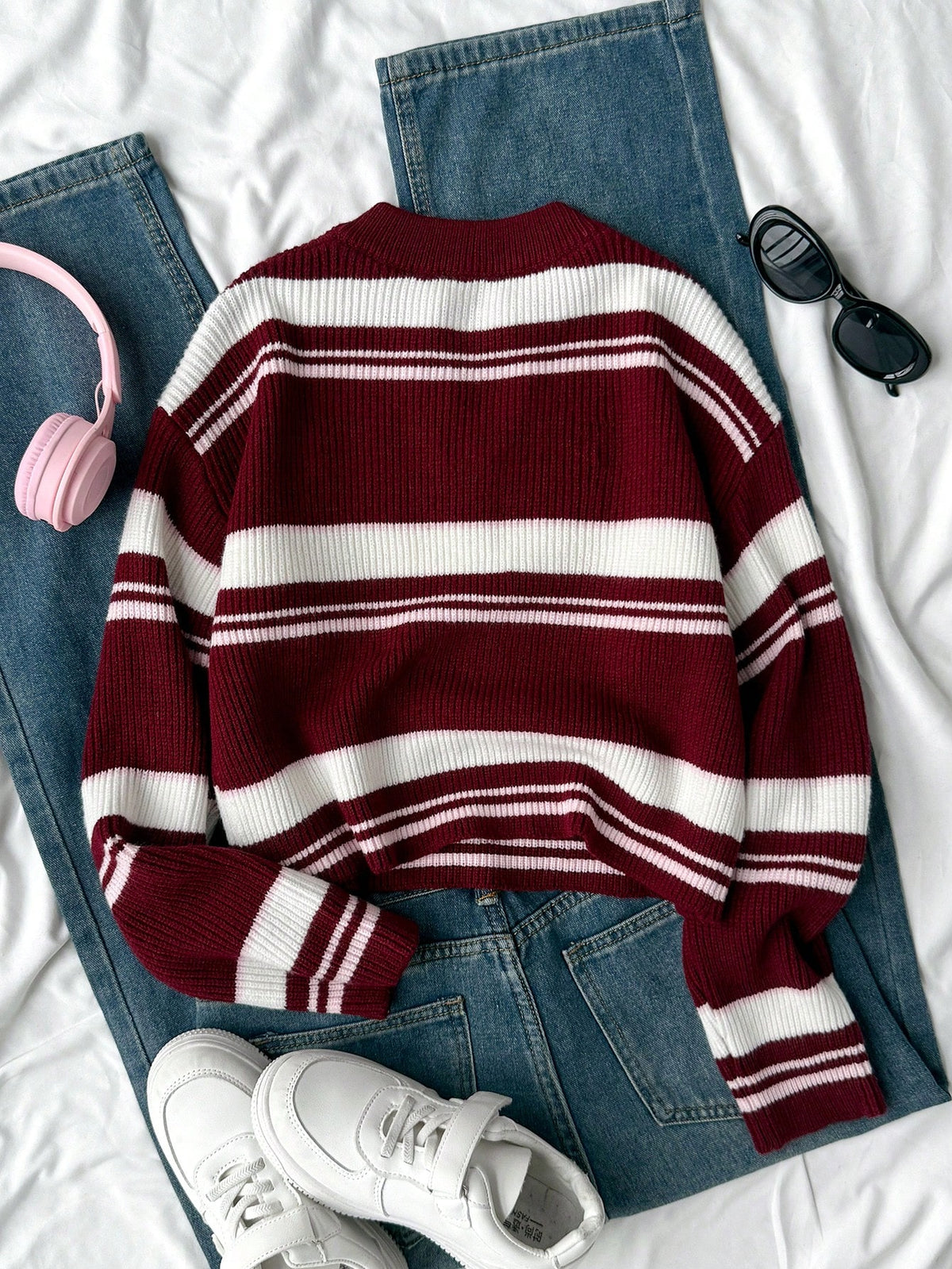 Teenage Girls' V-Neck Striped Knit Pullover Sweater, Casual Contrast Color Varsity Sweaters Cropped Sweater Preppy Sweater Striped Sweater Bow Sweater