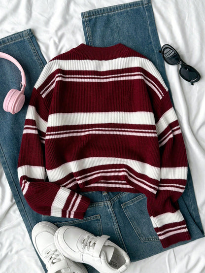 Teenage Girls' V-Neck Striped Knit Pullover Sweater, Casual Contrast Color Varsity Sweaters Cropped Sweater Preppy Sweater Striped Sweater Bow Sweater