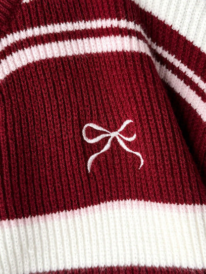 Teenage Girls' V-Neck Striped Knit Pullover Sweater, Casual Contrast Color Varsity Sweaters Cropped Sweater Preppy Sweater Striped Sweater Bow Sweater