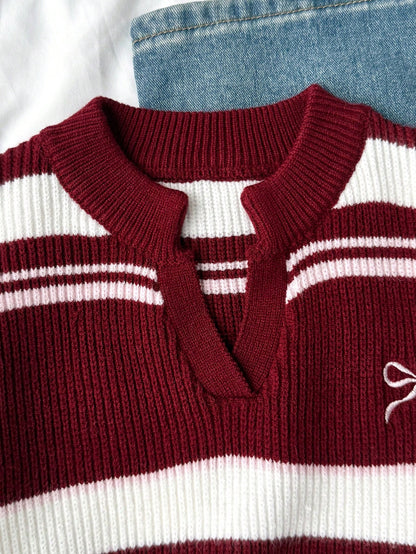 Teenage Girls' V-Neck Striped Knit Pullover Sweater, Casual Contrast Color Varsity Sweaters Cropped Sweater Preppy Sweater Striped Sweater Bow Sweater