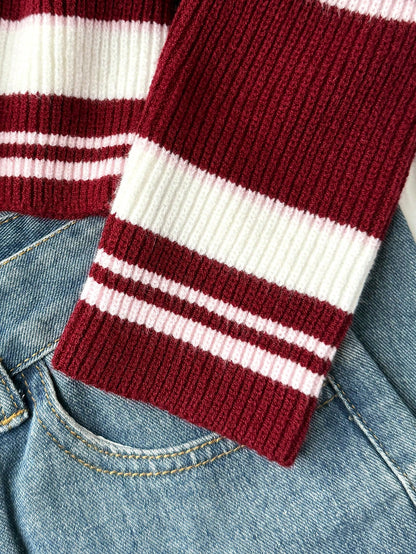 Teenage Girls' V-Neck Striped Knit Pullover Sweater, Casual Contrast Color Varsity Sweaters Cropped Sweater Preppy Sweater Striped Sweater Bow Sweater