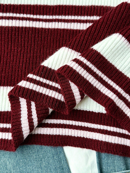 Teenage Girls' V-Neck Striped Knit Pullover Sweater, Casual Contrast Color Varsity Sweaters Cropped Sweater Preppy Sweater Striped Sweater Bow Sweater