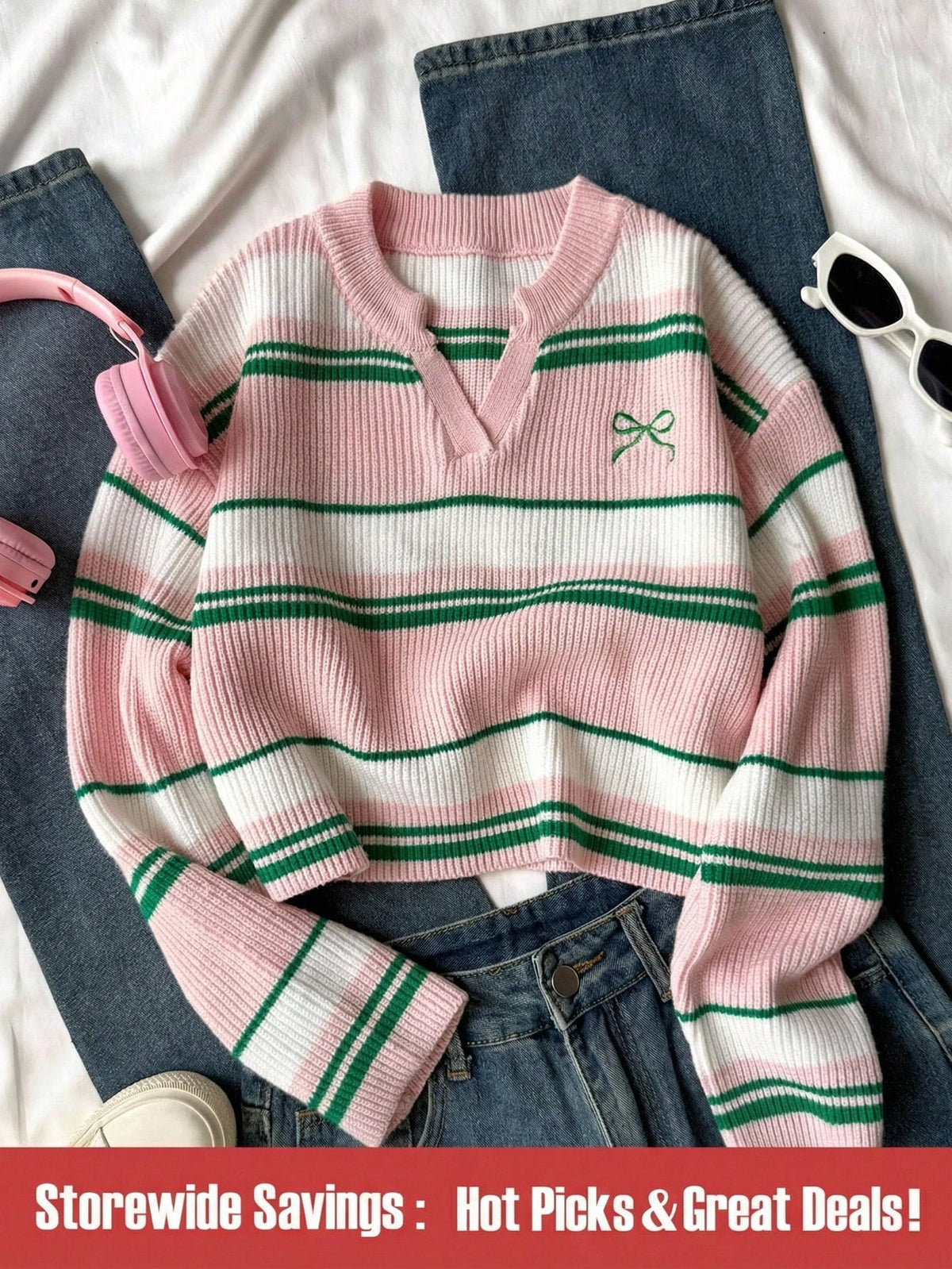Teenage Girls' V-Neck Striped Knit Pullover Sweater, Casual Contrast Color Varsity Sweaters Cropped Sweater Preppy Sweater Striped Sweater Bow Sweater