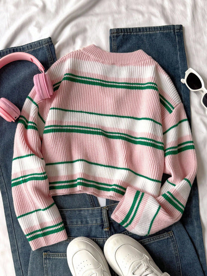 Teenage Girls' V-Neck Striped Knit Pullover Sweater, Casual Contrast Color Varsity Sweaters Cropped Sweater Preppy Sweater Striped Sweater Bow Sweater