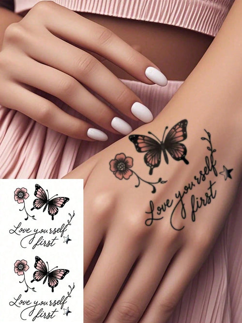 Temporary Tattoo Stickers Waterproof Reusable Body Art For Women, Pink Butterfly And Flower Design For Arm, Leg, Shoulder, Beach, Party, Everyday Style