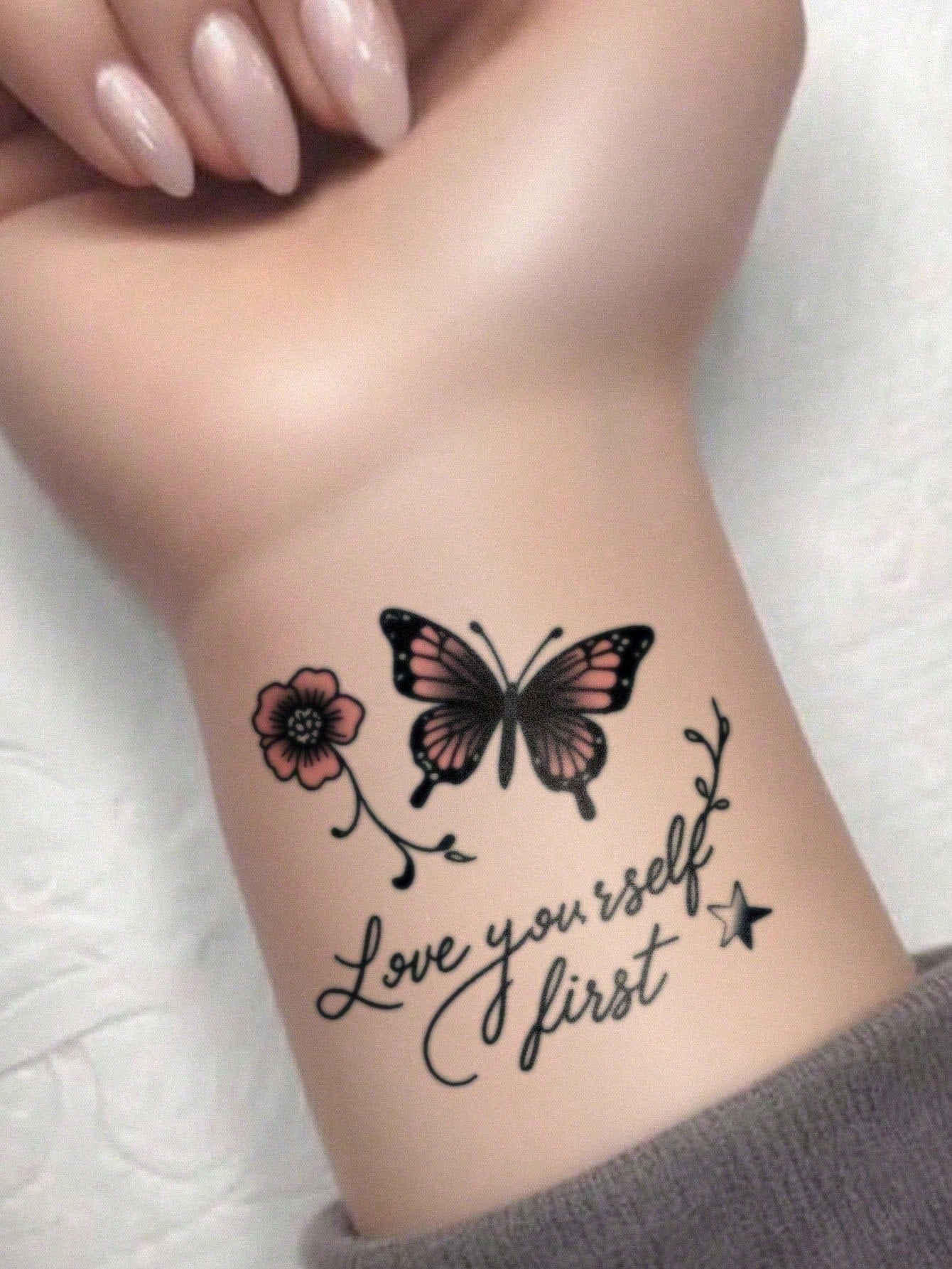 Temporary Tattoo Stickers Waterproof Reusable Body Art For Women, Pink Butterfly And Flower Design For Arm, Leg, Shoulder, Beach, Party, Everyday Style