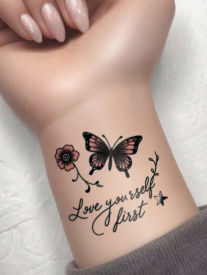 Temporary Tattoo Stickers Waterproof Reusable Body Art For Women, Pink Butterfly And Flower Design For Arm, Leg, Shoulder, Beach, Party, Everyday Style
