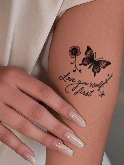 Temporary Tattoo Stickers Waterproof Reusable Body Art For Women, Pink Butterfly And Flower Design For Arm, Leg, Shoulder, Beach, Party, Everyday Style
