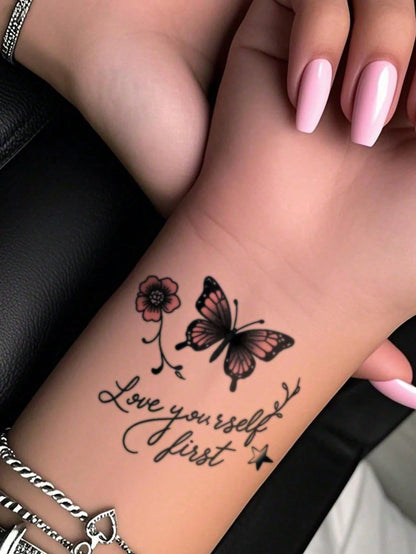 Temporary Tattoo Stickers Waterproof Reusable Body Art For Women, Pink Butterfly And Flower Design For Arm, Leg, Shoulder, Beach, Party, Everyday Style