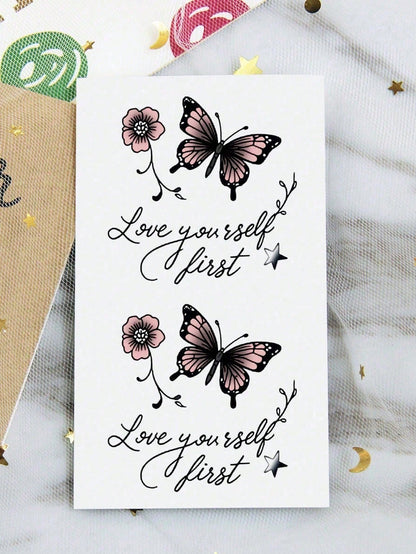 Temporary Tattoo Stickers Waterproof Reusable Body Art For Women, Pink Butterfly And Flower Design For Arm, Leg, Shoulder, Beach, Party, Everyday Style