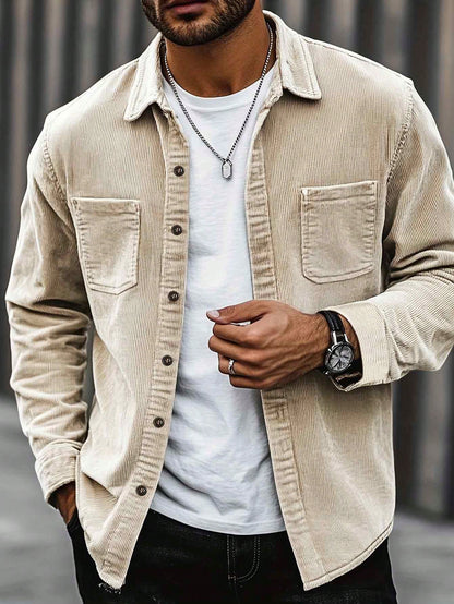 Thin Corduroy Men's Casual Shacket With Dual Patch Pockets, Daily Casual Fashion Minimalist Long Sleeve Shirt For Outings, Commuting And Streetwear