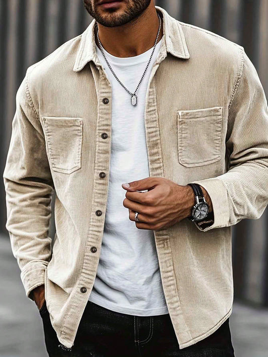 Thin Corduroy Men's Casual Shacket With Dual Patch Pockets, Daily Casual Fashion Minimalist Long Sleeve Shirt For Outings, Commuting And Streetwear